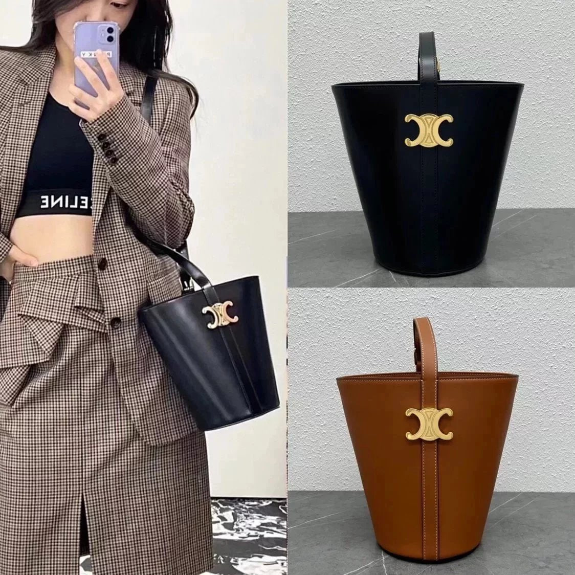 Celine women's bag Top version 【Original Leather Surrogate Shopping Edition】2022Autumn and Winter DansParis Series Handbag New Women's Bag Arc De Triomphe Bucket Bag Cattle Leather Bag Crossbody Bag Shoulder Bag Bucket Bag Vegetable Basket Shopping Bag