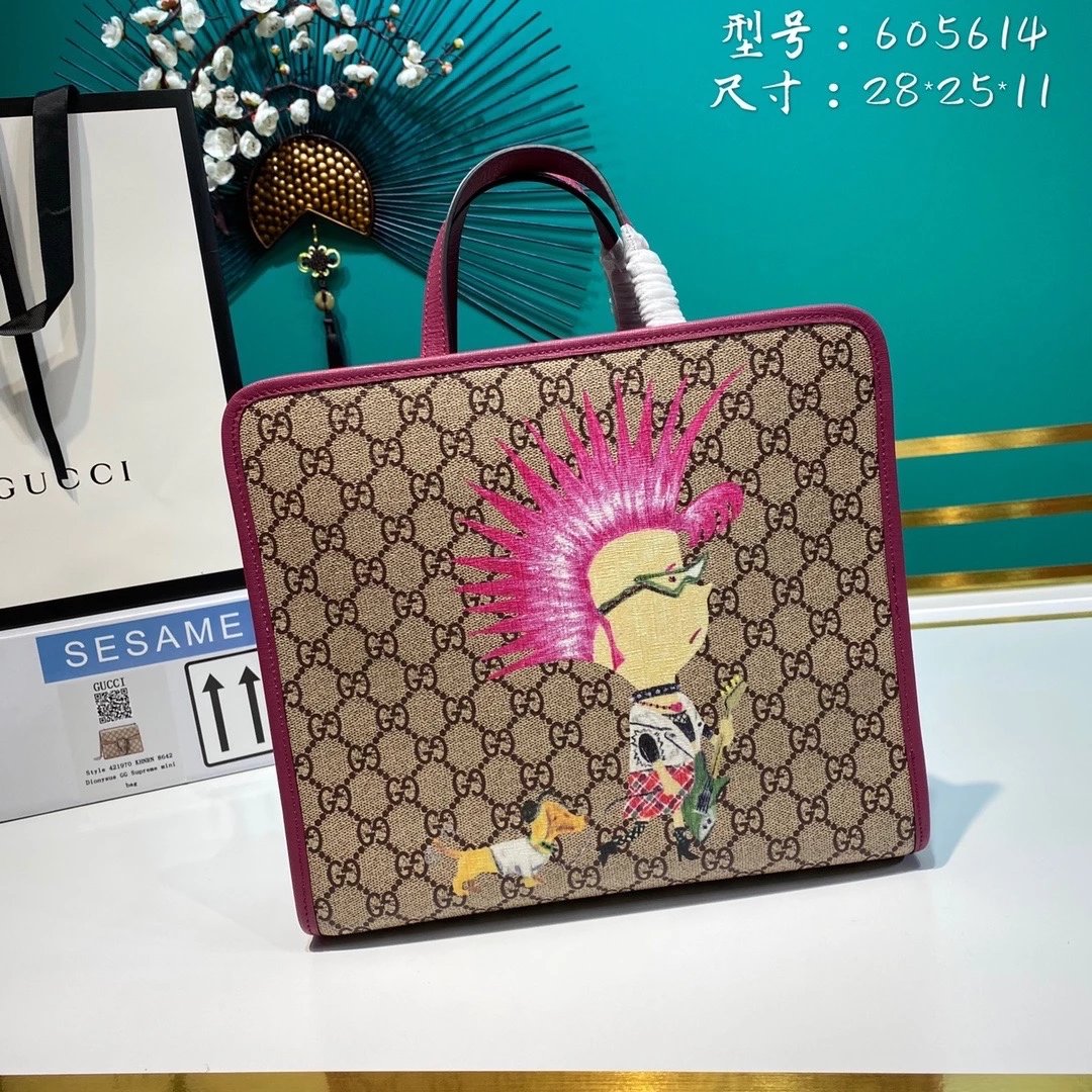 Gucci Women's Bag Top version 【**Version】2023New Children's Printing Series Tote Bag Pink Jason Pattern2024New Children's Bags Tote Package Vegetable Basket Bag605614New Sausage Dog Bichon LADYBIRD