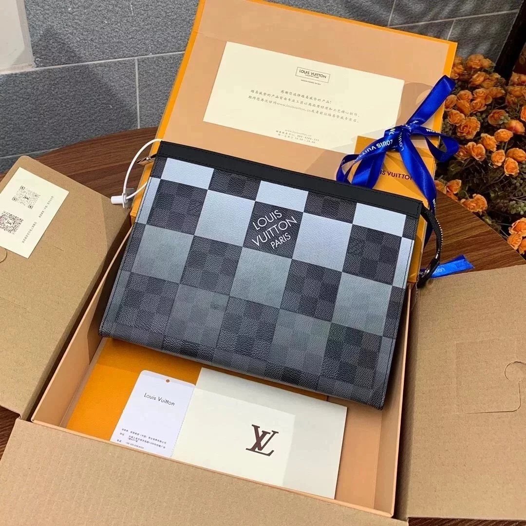 Louis Vuitton LV Wallets/Clutches Top version Upgraded Version POCHETTEVOYAGE Medium Clutch Men's and Women's Handbag Clutch Bag Wash Bag M30432Blue Flower N60412Blue Plaid N60142Gray Grid N60412Orange Grid Men's and Women's Handbags