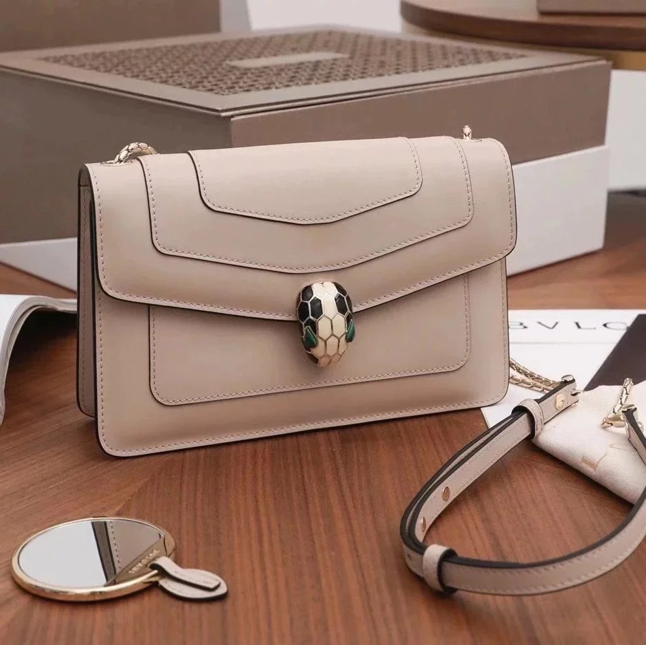 BVLGARI Bag Top version SerpentiForever Milk Tea Handbag Cowhide Bag Decorated with a Snake's Head File Holder Chain Bag Portable Shoulder Messenger Bag Women's Bag