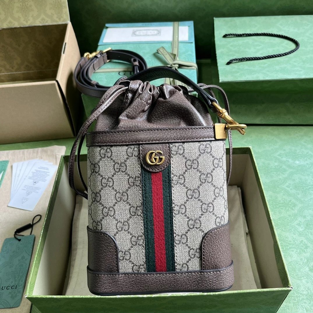 Gucci Women's Bag Top version 2023New Women's Handbag Ophidia Series Bucket Bag Model Number7525839AADO8746Drawstring Sealing Portable Bucket Bag Women's Shoulder Messenger Bag Triangle Style Women's Bag