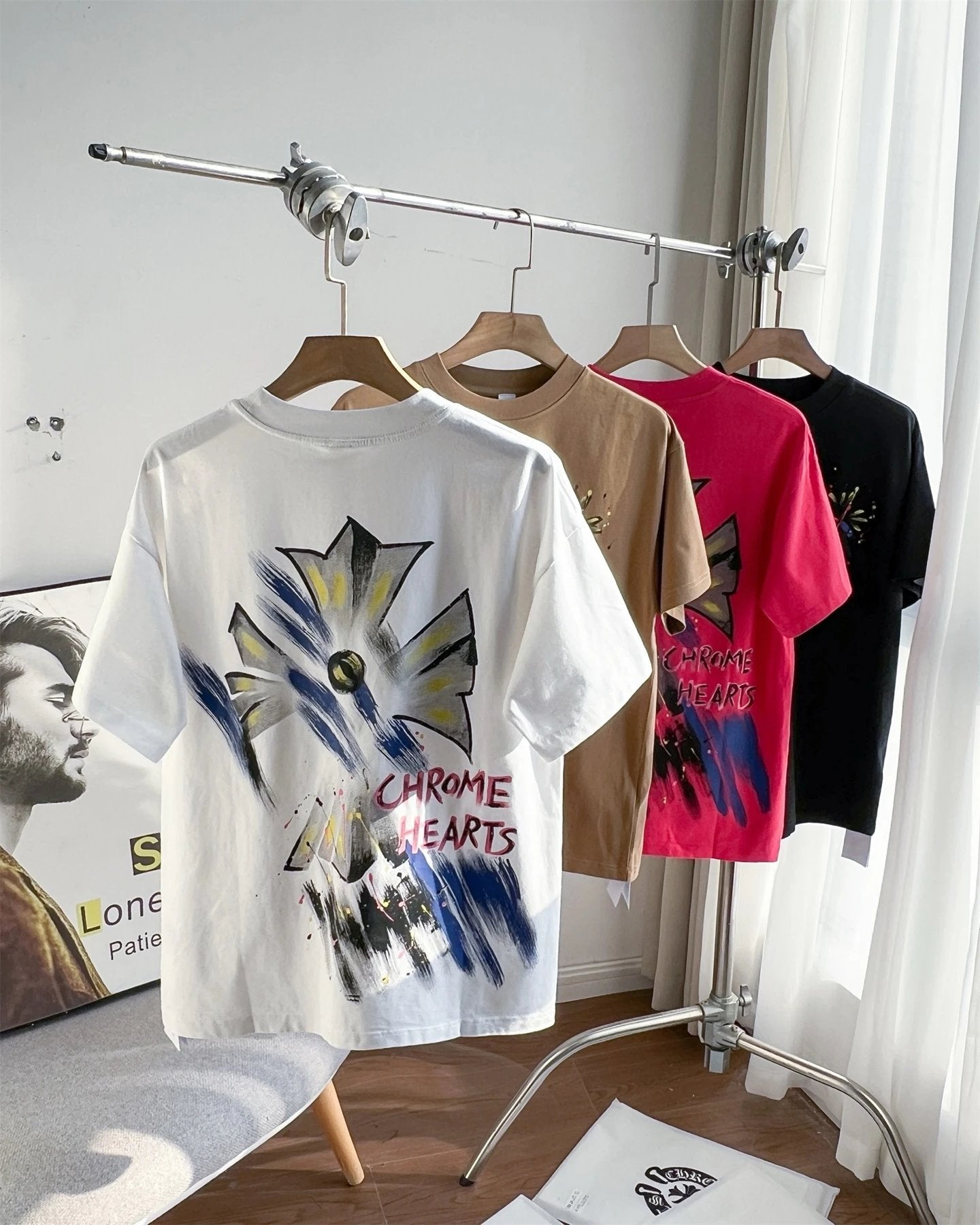 Chrome Hearts T-shirt Heavy Ink Splash Graffiti Print Crew Neck Short Sleeve Pure Cotton Unisex T T-shirt OS Loose Fit T-Shirt Casual Simple Base Shirt