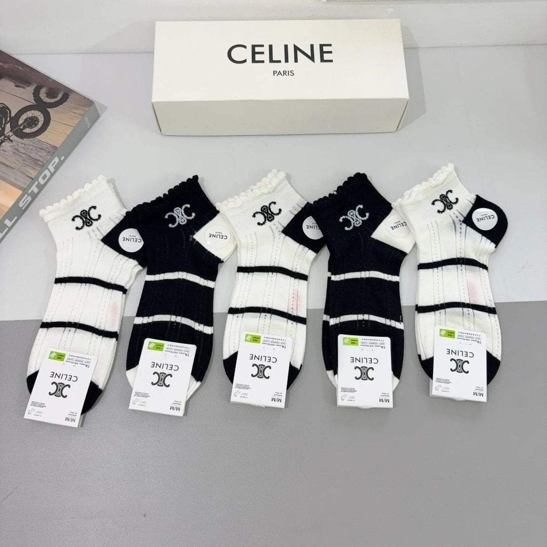 Celine Sock 【a Box5Double】Classic Pair C Letters logo Breathable Fashion25ss New Short Cotton Socks Spring Summer Autumn Thin Business Sports Casual Versatile Deodorant Sweat-Absorbing