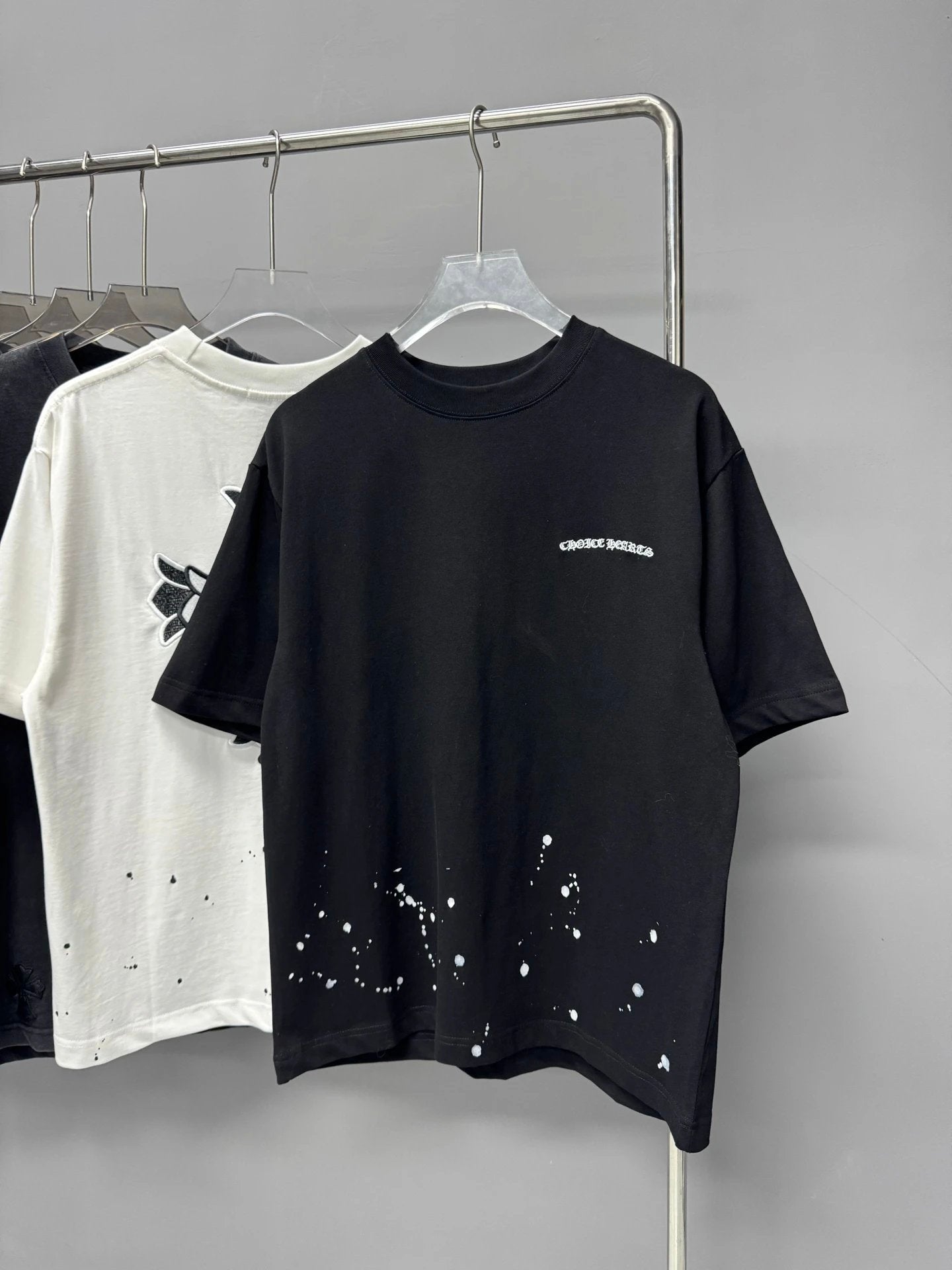 Chrome Hearts T-shirt Heavy Embroidery with Ink Splash logo round Neck Short Sleeve25ss New pure cotton T Unisex T-Shirt OS Loose Fit Base Shirt Top Half Sleeve T-Shirt