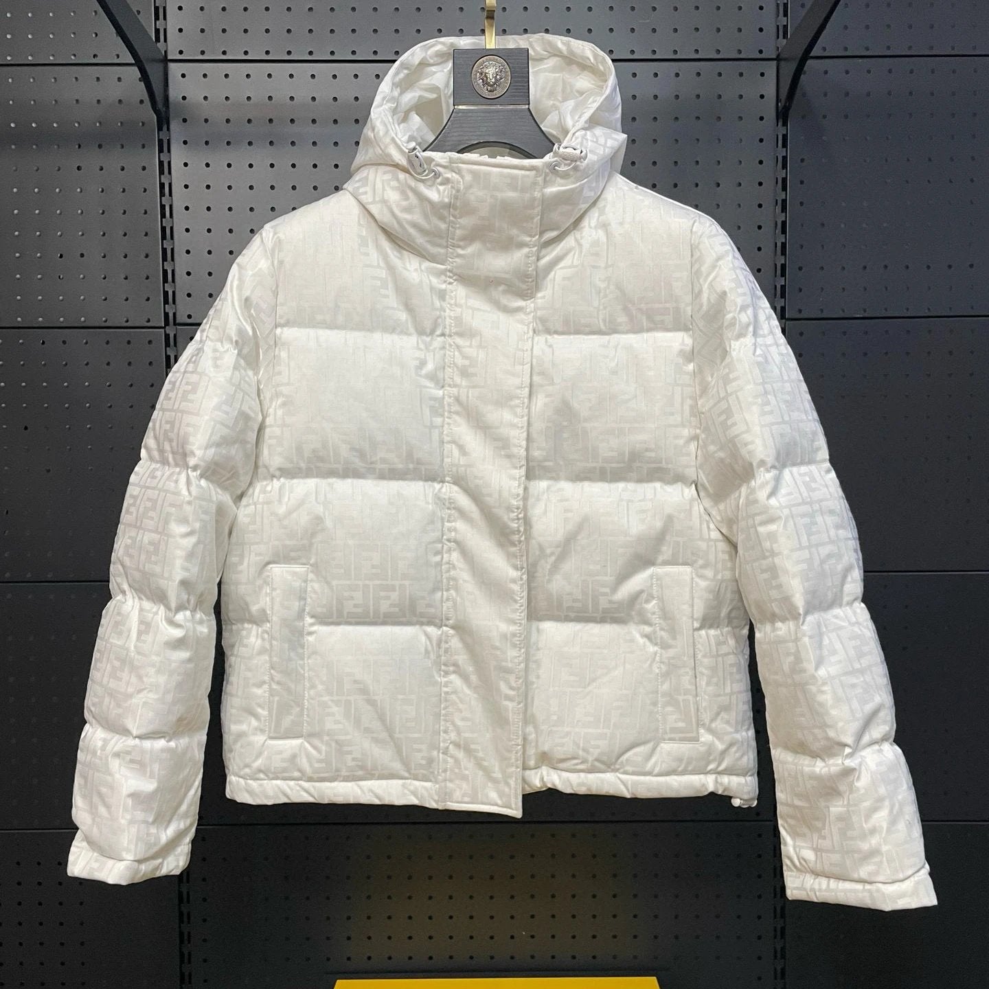 FENDI Down jacket Top Version New Dark Pattern Presbyopic Letters logo Hooded down Jacket Men's Casual Warm Jacket Women