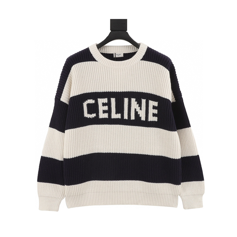 Celine Sweater Black and White Bold Stripes Letter Crew Neck Sweater for Men and Women