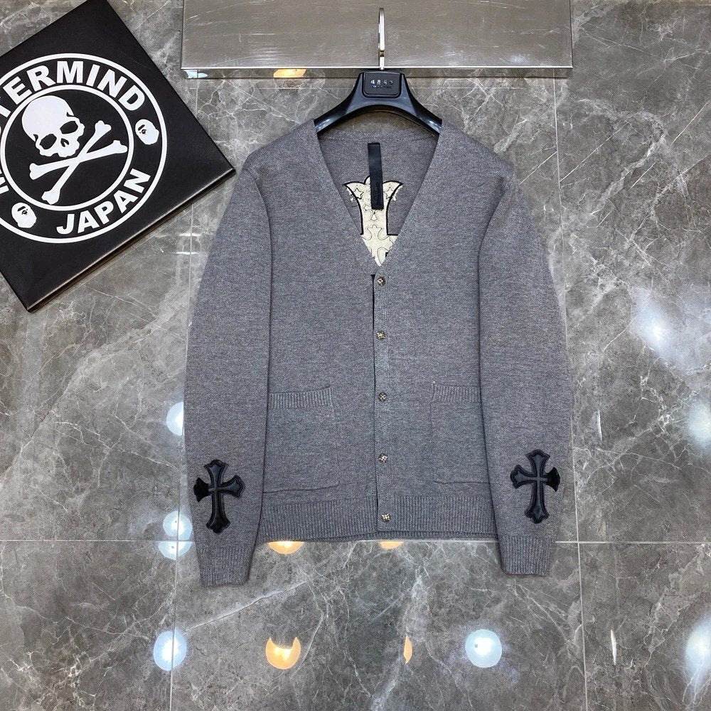 Chrome Hearts Sweater Top Version Fashion Brand V Collar Genuine Leather Cross Cardigan Sweater Men's Woolen Sweater All-Match Casual Couple Style