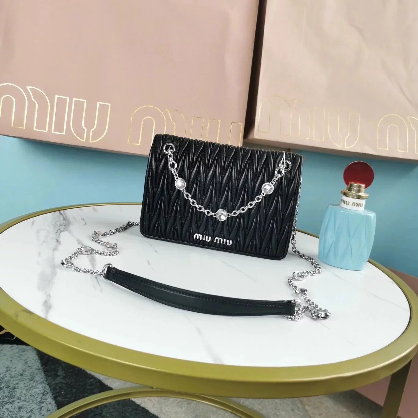 Miu Miu Bag Top version Women's Bag22New Arrival Classic Pleated Lambskin Diamond Crystal Chain Underarm Bag One Shoulder Women's Crossbody Handbag