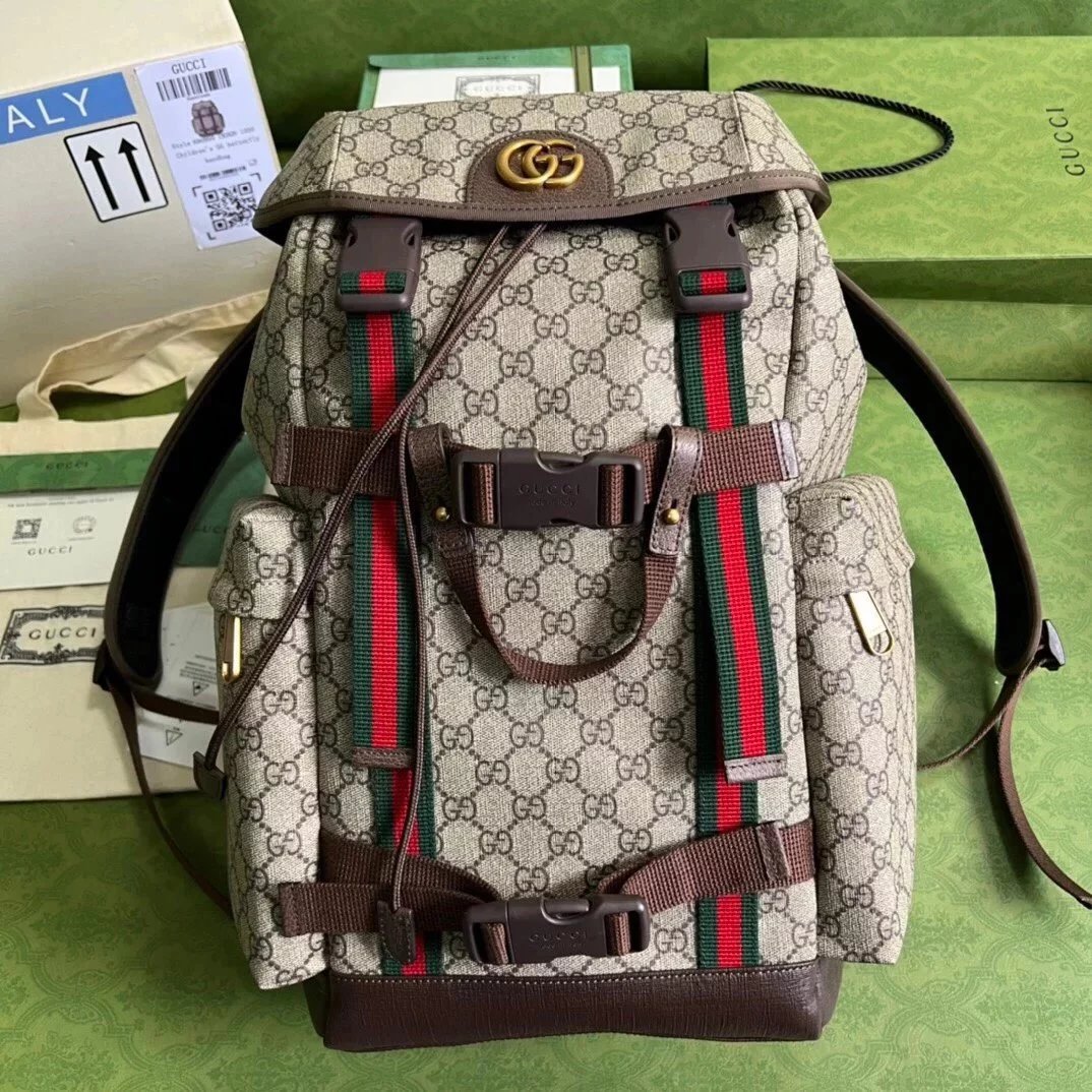 Gucci Backpack Top version 【Original Leather】2022New Decorative Ribbon Series Backpack Backpack Skateboard Backpack Brown Schoolbag Hiking Backpack Casual Backpack Men's and Women's Bags Bag690999