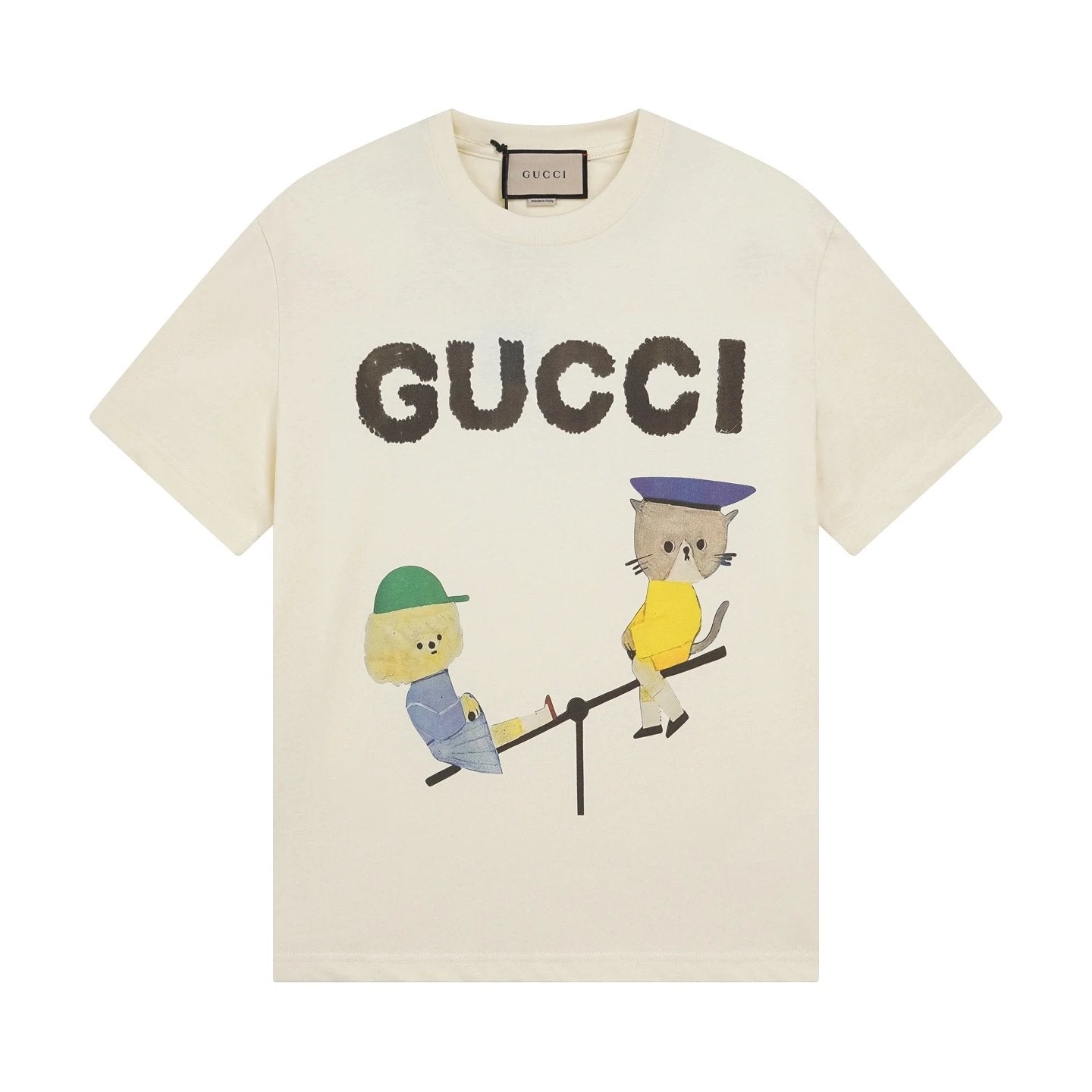 Gucci T-shirt Chest Cat Seesaw Print logo round Neck Short Sleeve25ss New Pure Cotton Unisex Style T Casual T-Shirt Base Layer Shirt OS Loose Fit Half Sleeve Top Plus Size