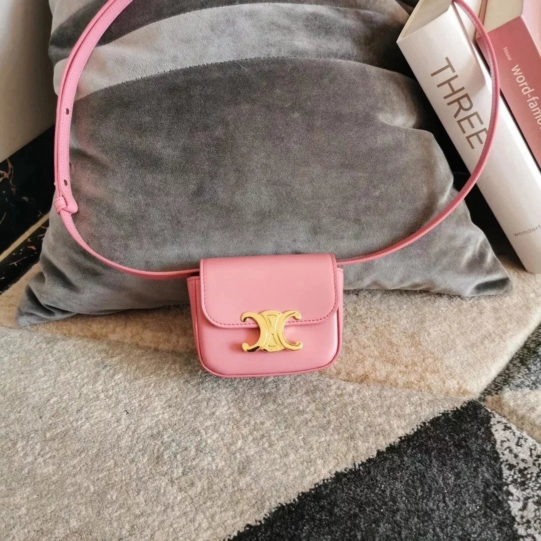 Celine women's bag Top version 【Kowloon Leather Original Leather】2022Spring New Super mini Triomphe Small Waste Bag11cmTriomphe Arc De Triomphe mini Earphone Bag Small Waste Bag2023New Color Cherry Blossom Pink New Women's Bag Shoulder Bag Messenger Bag S