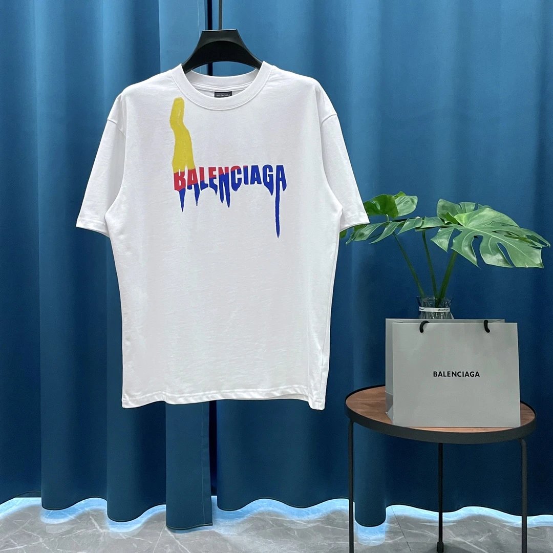 Balenciaga T-shirt Chest Print logo round Neck Short Sleeve25ss New Pure Cotton Unisex Style G Home T T-shirt OS Loose Fit Base Shirt Casual Top Short Sleeve T-Shirt
