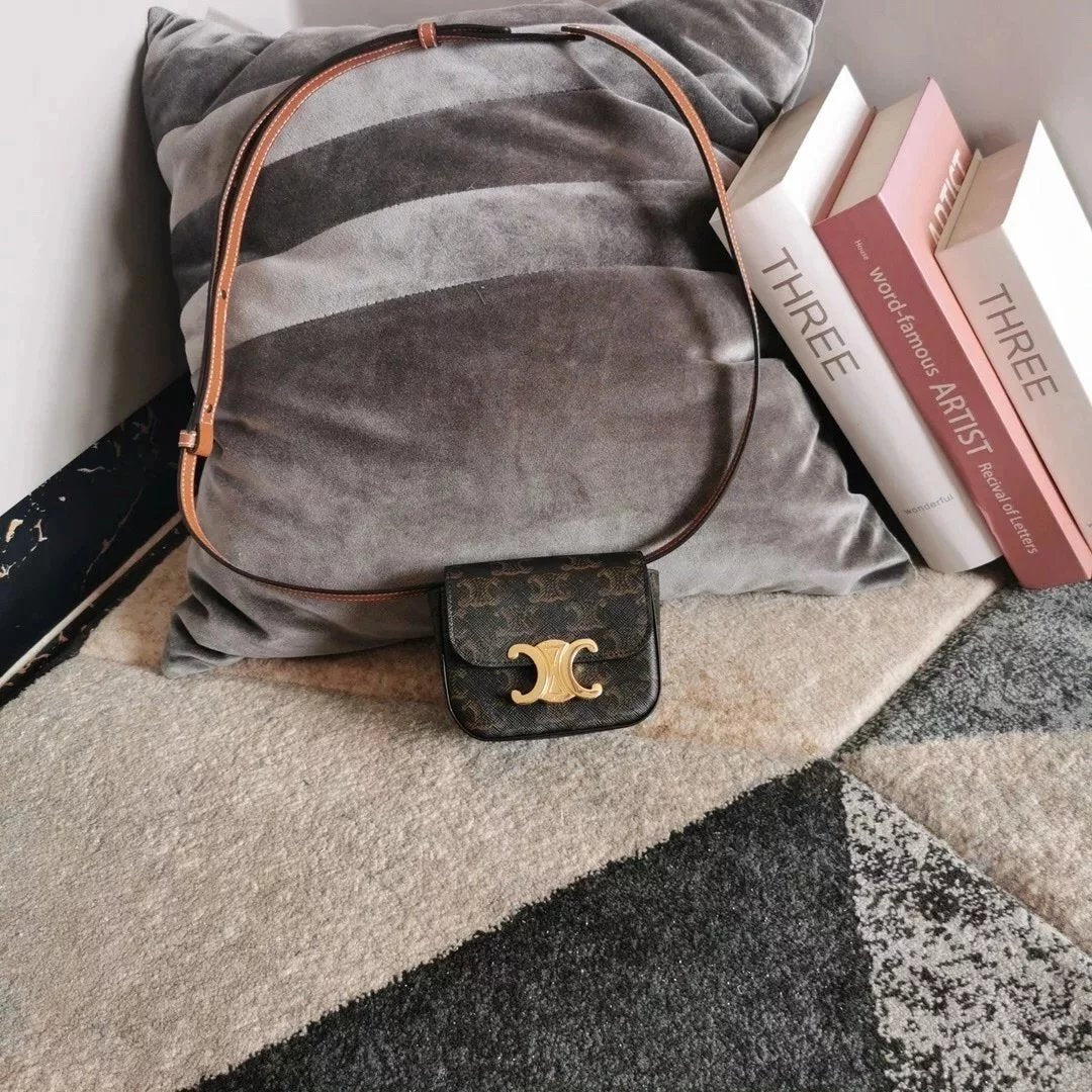 Celine women's bag Top version 【Kowloon Leather Original Leather】2022Spring New Super mini Triomphe Small Waste Bag11cmTriomphe Arc De Triomphe mini Earphone Bag Small Waste Bag2023New Color Cherry Blossom Pink New Women's Bag Shoulder Bag Messenger Bag S