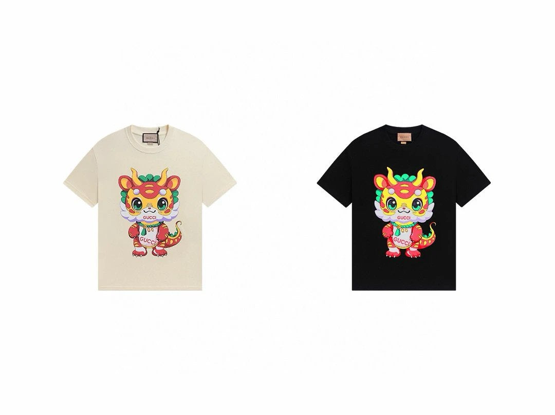 Gucci T-shirt Cute Kirin Print on the Chest logo round Neck Short Sleeve25ss New Pure Cotton Unisex Style T T-shirt OS Loose Fit Base Shirt Top Half Sleeve T-Shirt