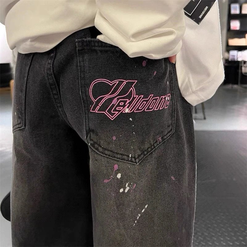 We11done Sweatpants Top Version Korean Washed-out Distressed and Damaged Splash-Ink Letter Printing logo Straight Jeans Trousers