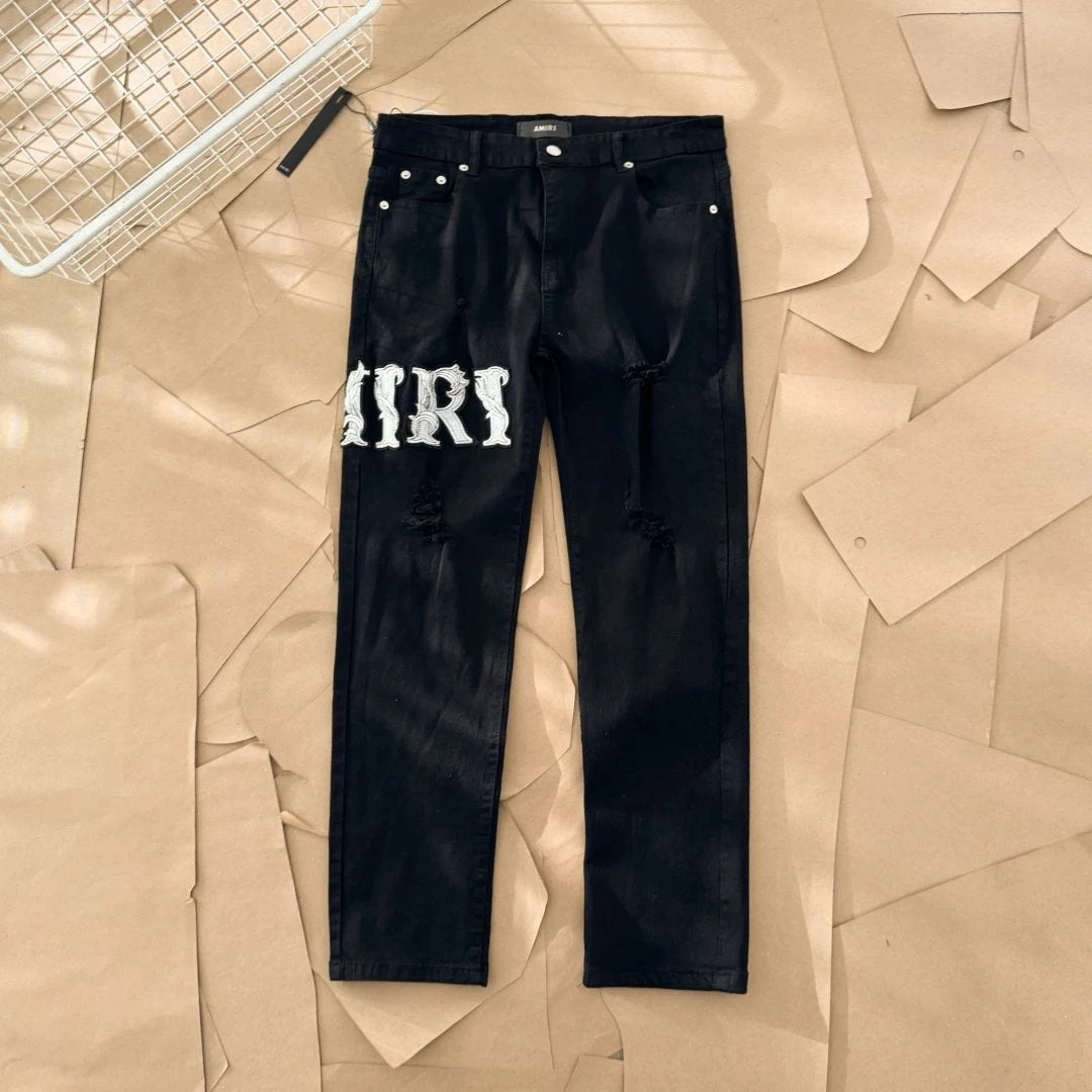Amiri Jeans Front and Rear Letter Patch logo25ss Spring Summer New Straight Leg Jeans Unisex Slim Fit Long Pants Loose