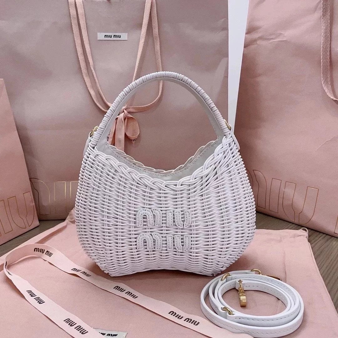 Miu Miu Bag Top version 【Original Quality】2023New Summer Pastoral Vacation Style Woven Vegetable Basket Bag New Portable Shopping Basket Bag Woven Bag Handbag Hobos Dumpling Bag