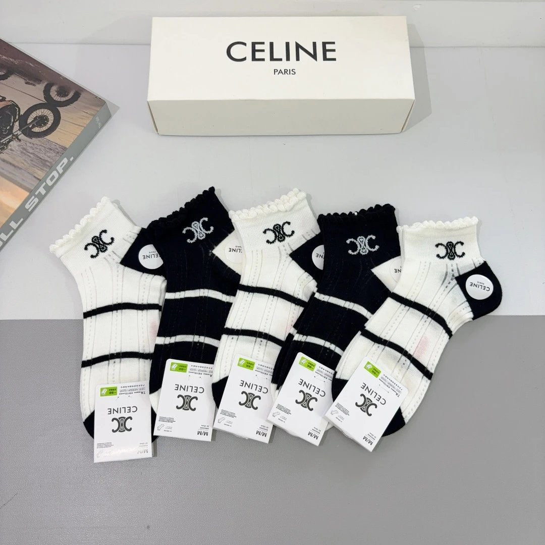 Celine Sock 【a Box5Double】Classic Pair C Letters logo Breathable Fashion25ss New Short Cotton Socks Spring Summer Autumn Thin Business Sports Casual Versatile Deodorant Sweat-Absorbing
