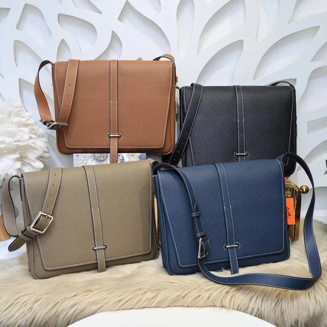 Hermes men's bag Top version Market Quality New Classic Men's Fashion Crossbody Bag Men's Casual Shoulder Bag Men's Bag First Layer Cowhide Handbag Khaki Full Leather Black Canvas Handmade Large Bag Women's Bag