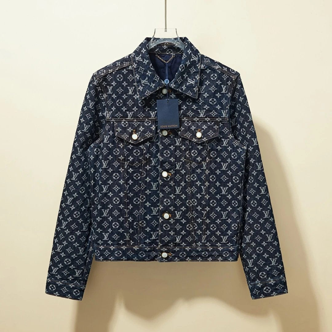 Louis Vuitton LV Jackets Full Print Monoqram Jacquard Pattern Heavy Pearl Button Denim Jacket Coat Unisex Winter Versatile Casual