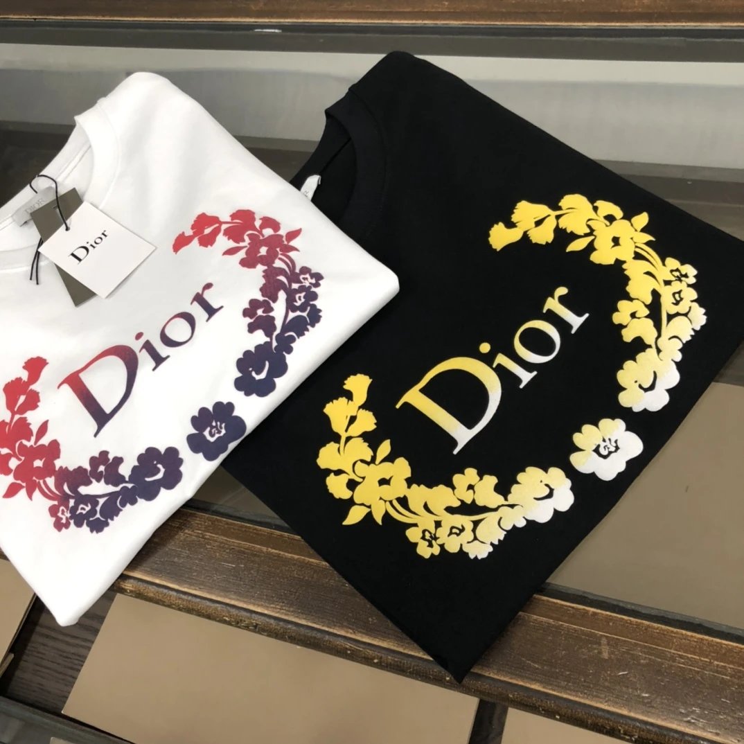 Dior T-shirt Floral Letter Print on the Chest logo round Neck Short Sleeve25ss New pure cotton T Unisex T-Shirt OS Loose Fit Base Shirt Top Half Sleeve T-Shirt