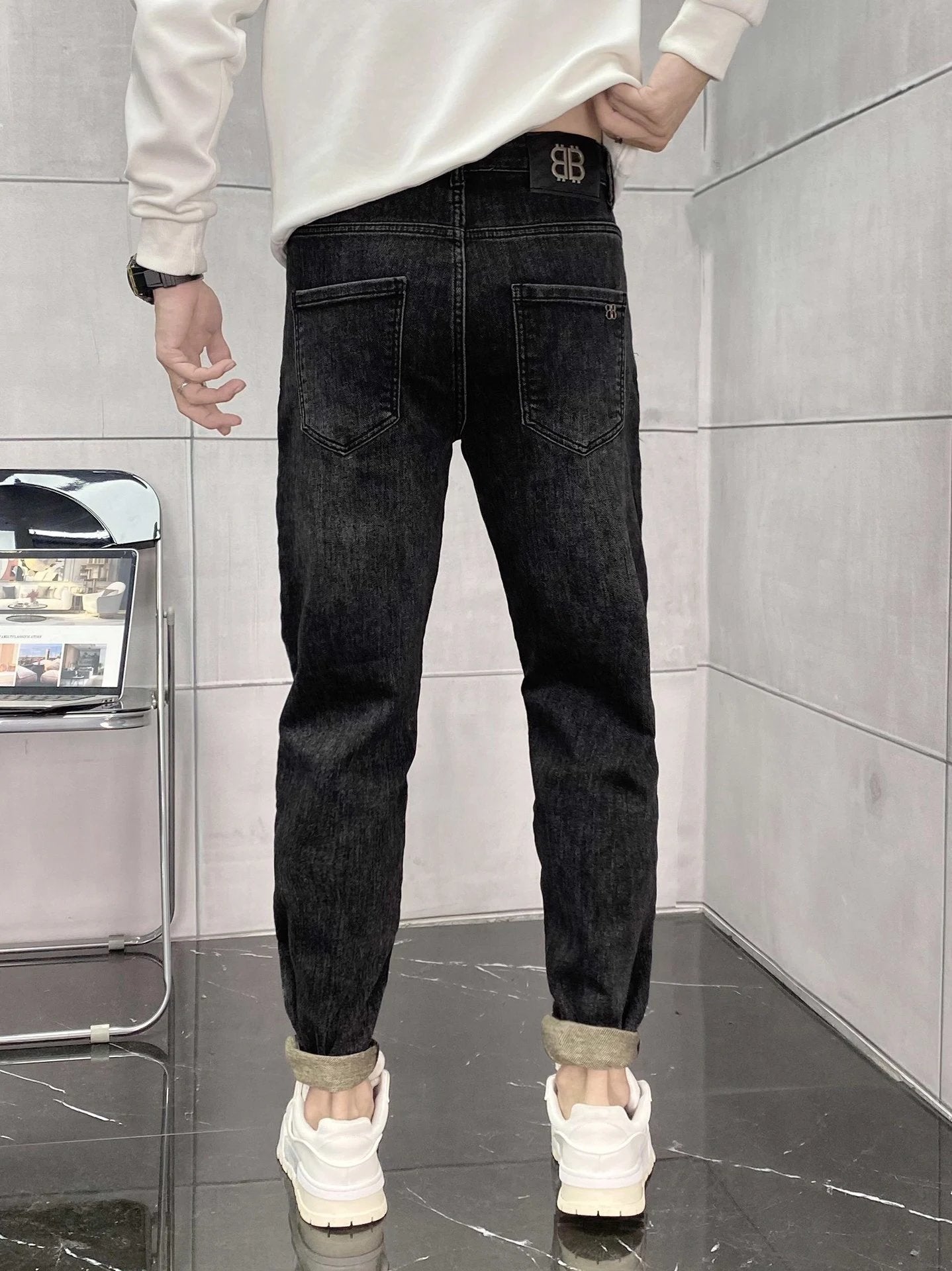 Balenciaga Jeans Double B Back Waist Leather Tag logo Straight Washed Blue Jeans Autumn Winter New Unisex Loose Casual Wide Leg High Waist Pants