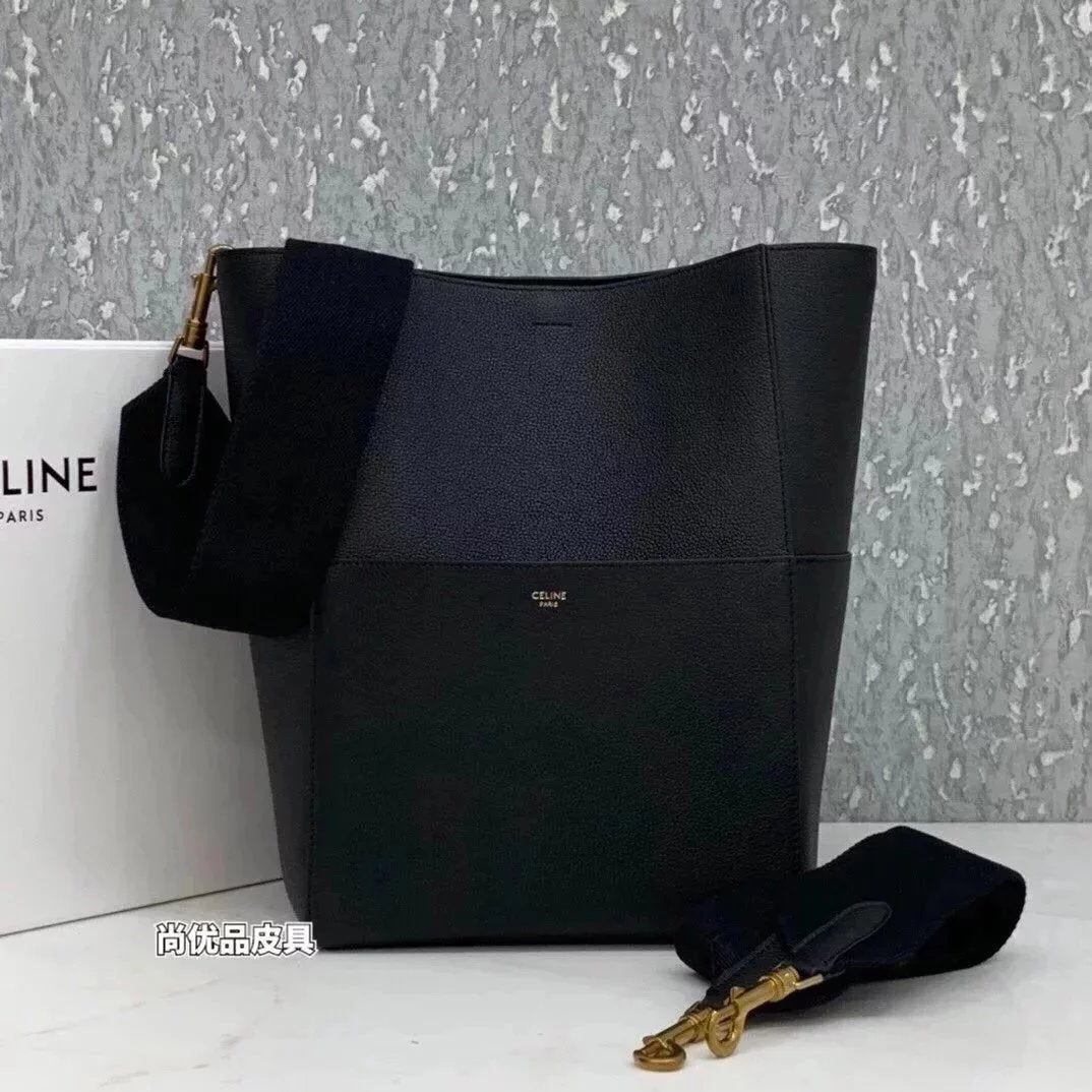 Celine women's bag Top version 【Level Surrogate Shopping】Large Size SeauSangleBucket Large Bucket Bag tote Tote Bag Litchi Grain Cowhide Commuter Bag Celine Women's Bag Mummy Bag sangle Bucket Bag Large