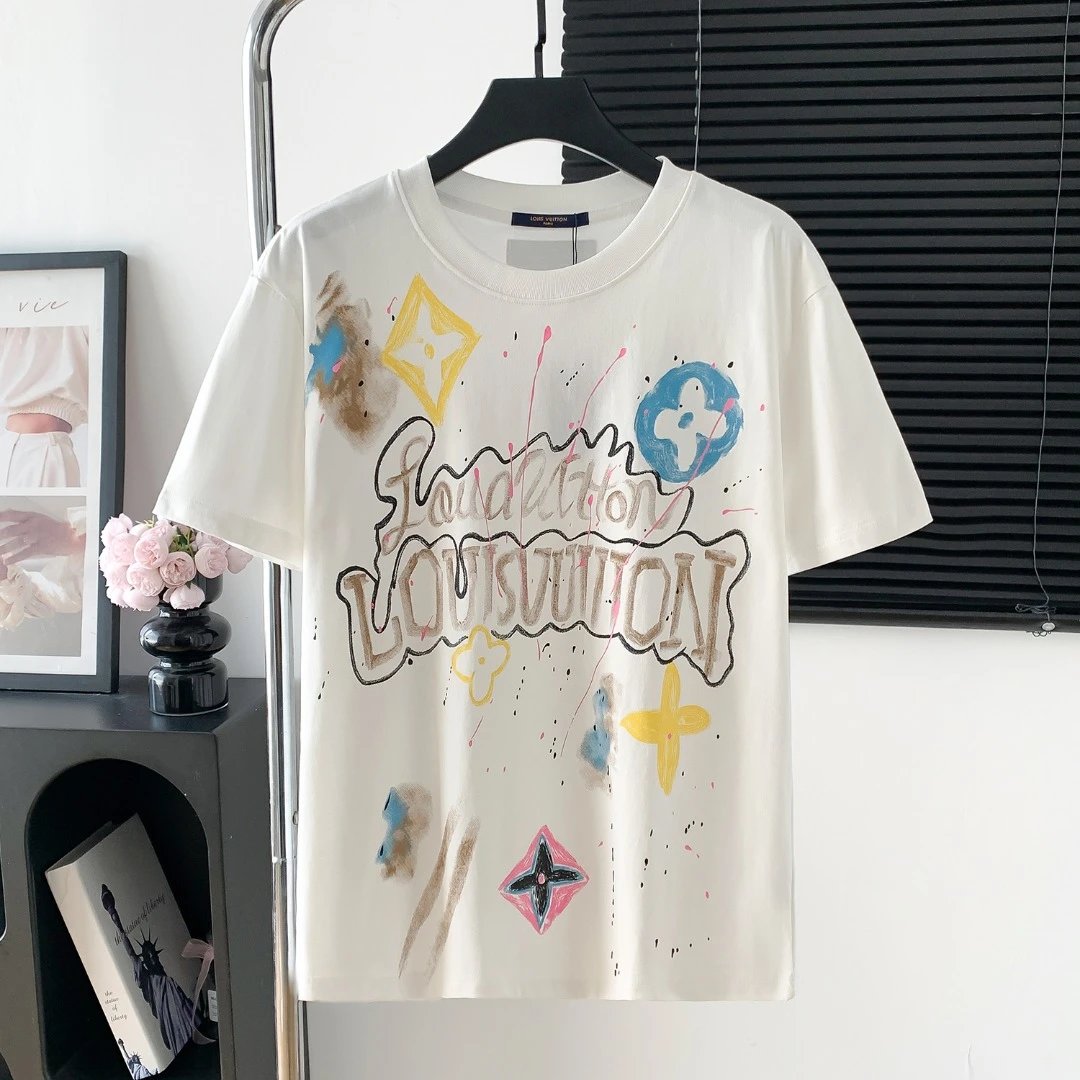 Louis Vuitton LV T-shirt Front Letter Pattern Graffiti Print logo round Neck Short Sleeve25ss New pure cotton T Unisex T-Shirt OS Drop Shoulder Loose Fit Base Shirt Top T-Shirt Short Sleeve