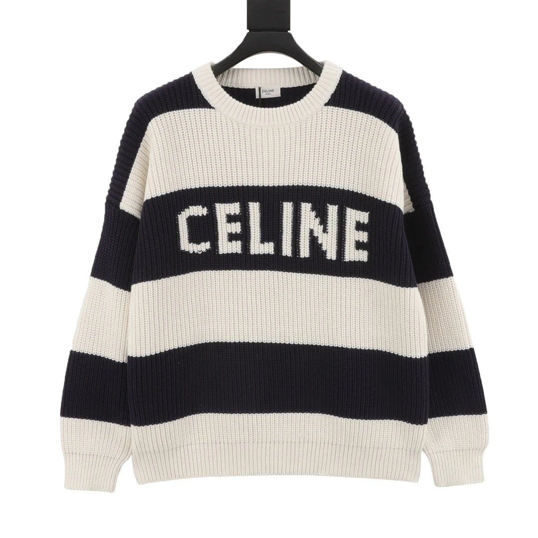 Celine Sweater Black and White Thick Striped Letter Crew Neck Sweater Long Sleeve Thickened Lazy Style Unisex Loose Knit Top Coat Versatile Casual Wear