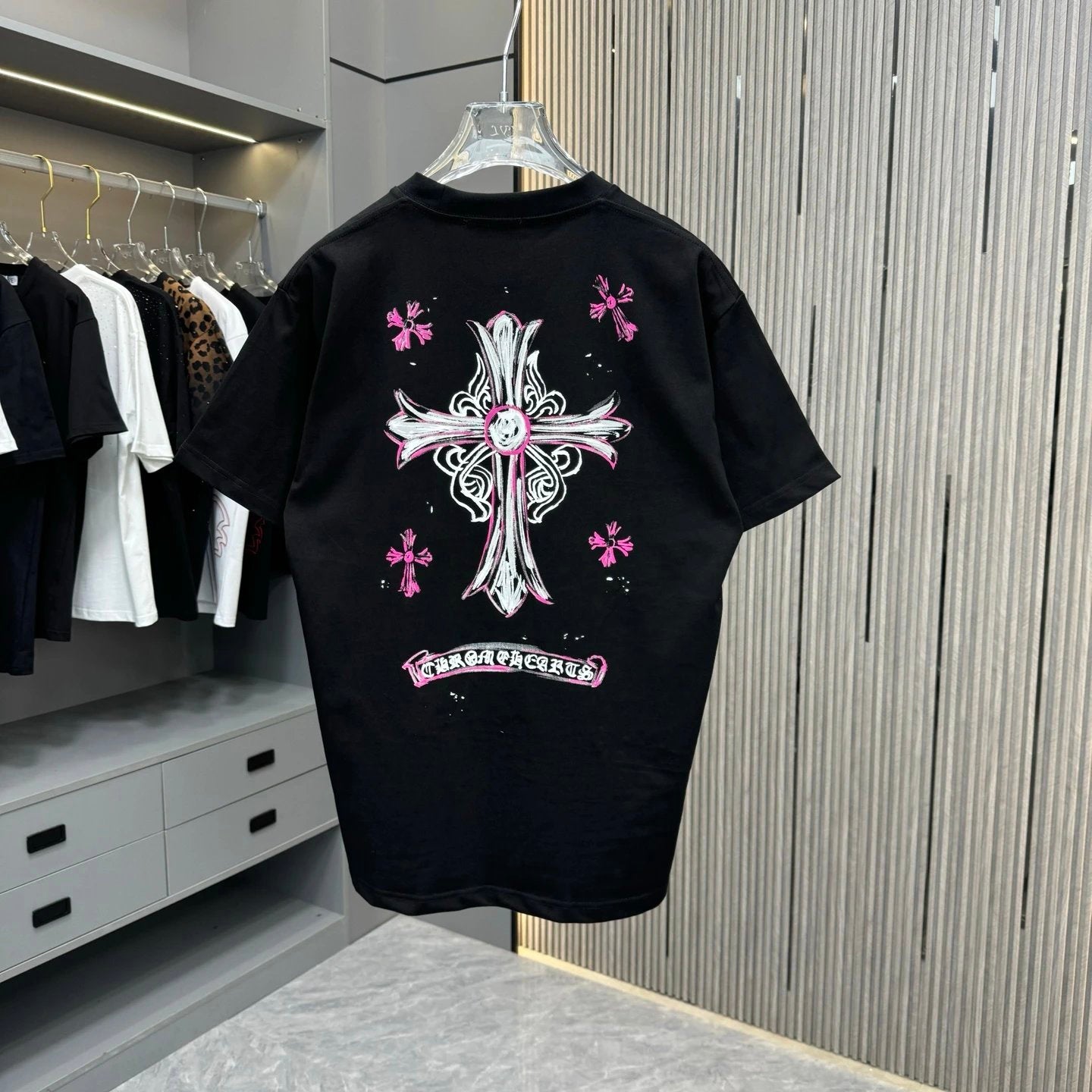 Chrome Hearts T-shirt Back Hand-drawn Print logo round Neck Short Sleeve25ss New Pure Cotton Unisex Style T Casual T-Shirt Base Layer Shirt OS Loose Fit Half Sleeve Top Plus Size