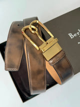 Berluti Belt Top version Original Single Men's New High-End Double-Sided Belt Waist Belt Pure Steel Rotating Pin Buckle Buckle Double-Sided Two-Color Totem Carving Carved Genuine Leather35mm Full Package Belt Men