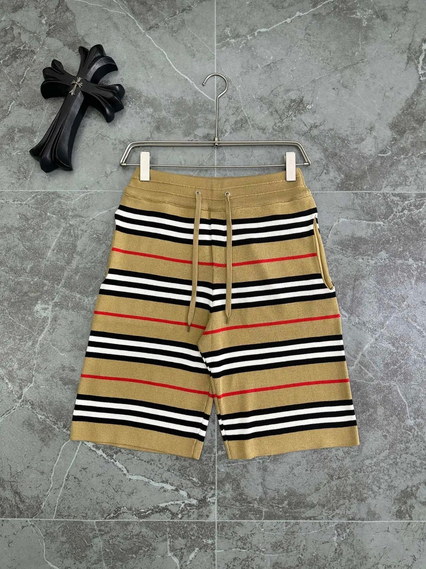 Burberry Shorts Striped Classic Knit Shorts Five-Point Drawstring Heavy American Casual Summer Pants5Two-in-One Casual Sweatpants for Men and Women