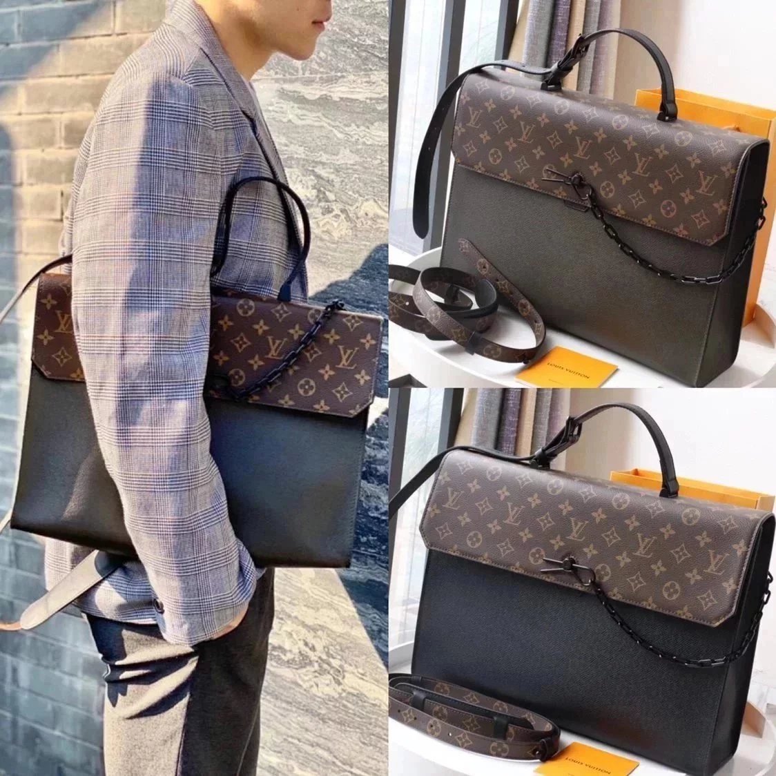 Louis Vuitton LV briefcase Top version **Original Order M30591Black Army Green2021New Men's Presbyopic ROBUSTO Computer Bag Briefcase Shoulder Messenger Handbag Men's Bag