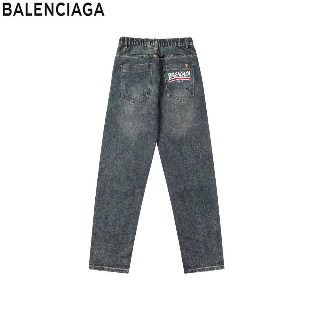 Balenciaga Jeans Denim Lace-up Back Waistband Label logo Straight Washed Blue Jeans Autumn Winter New Unisex Loose Casual Wide Leg High Waist Pants