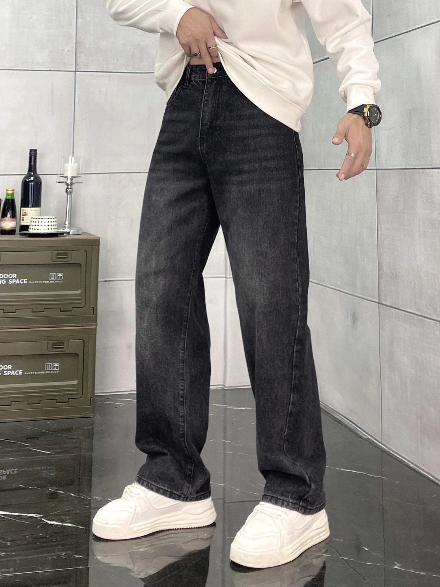 Balenciaga Jeans Double Waistband B Leather tag logo Straight Washed Blue Jeans Autumn Winter New Unisex Long Pants Loose Casual High Waist