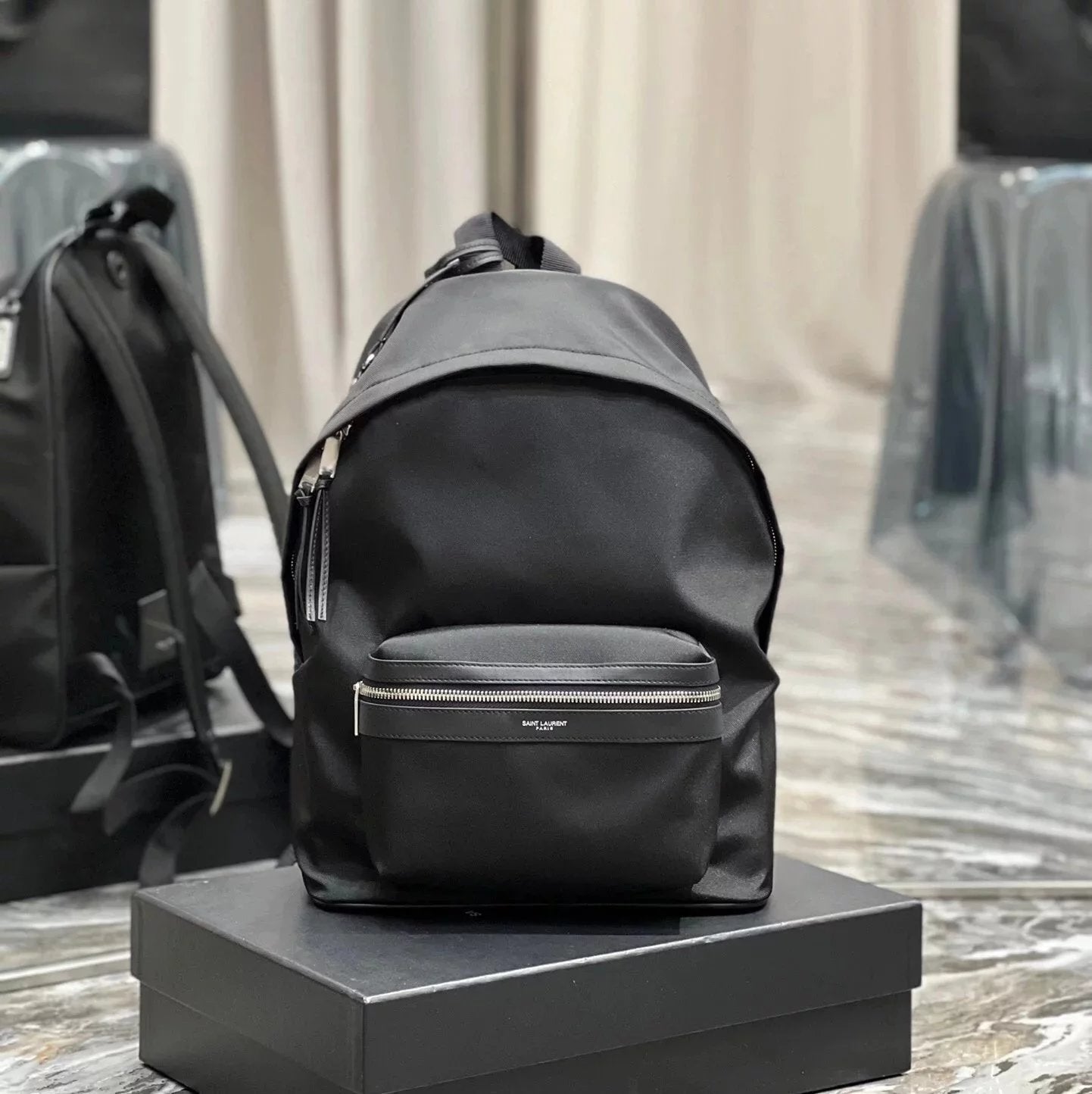 YSL Backpack Top version 【Super Original】Special Cabinet Version New Backpack Full Leather Leather Backpack Cotton Linen Cloth with Leather Fabric Canvas Backpack Backpack Hiking Backpack Large-Capacity Luggage Bag Backpack Men's Backpack Size Black Men's