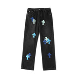 Chrome Hearts Jeans Front and back light and dark blue cross patches logo25ss Spring Summer New Straight Loose Slim Fit Jeans Unisex Long Pants