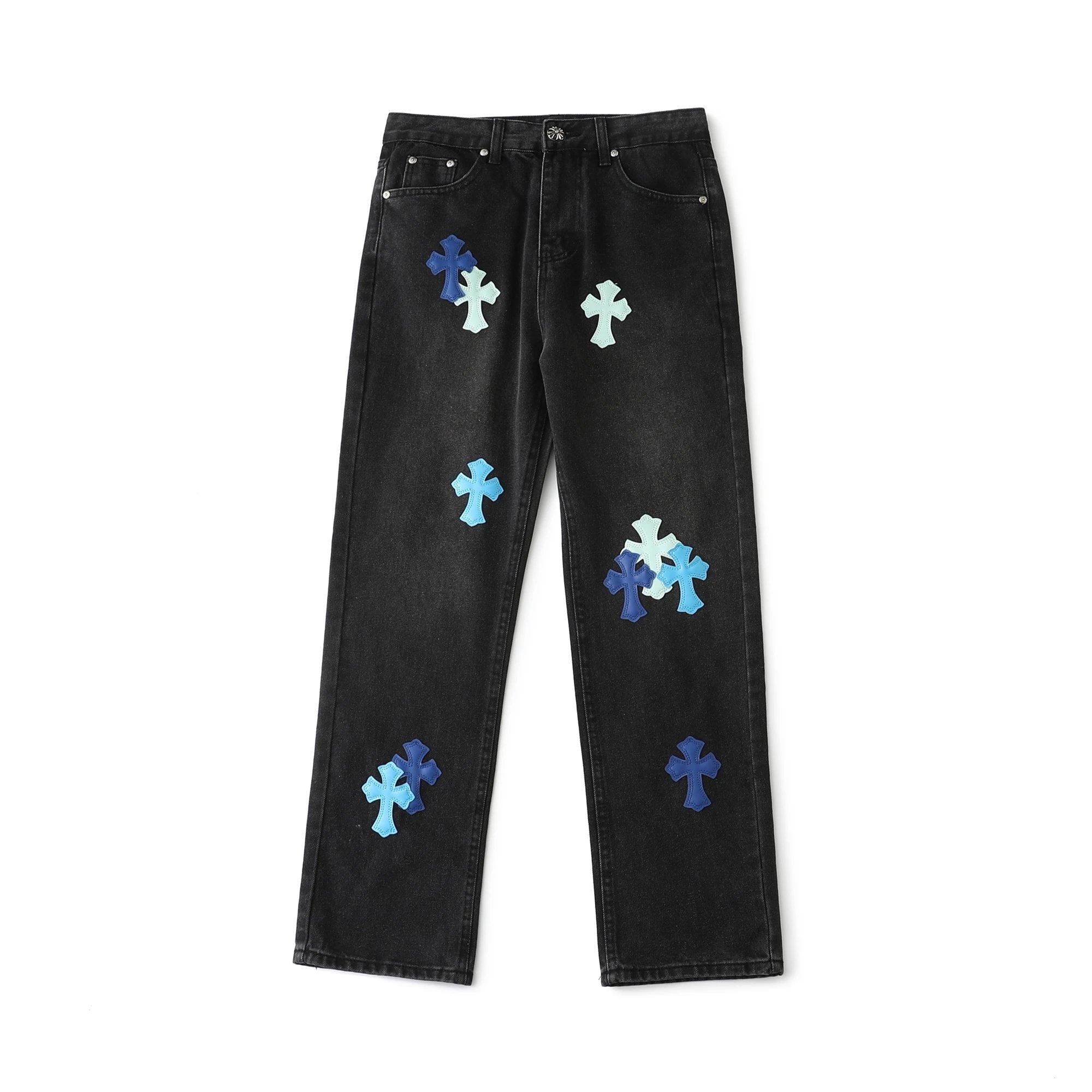 Chrome Hearts Jeans Front and back light and dark blue cross patches logo25ss Spring Summer New Straight Loose Slim Fit Jeans Unisex Long Pants