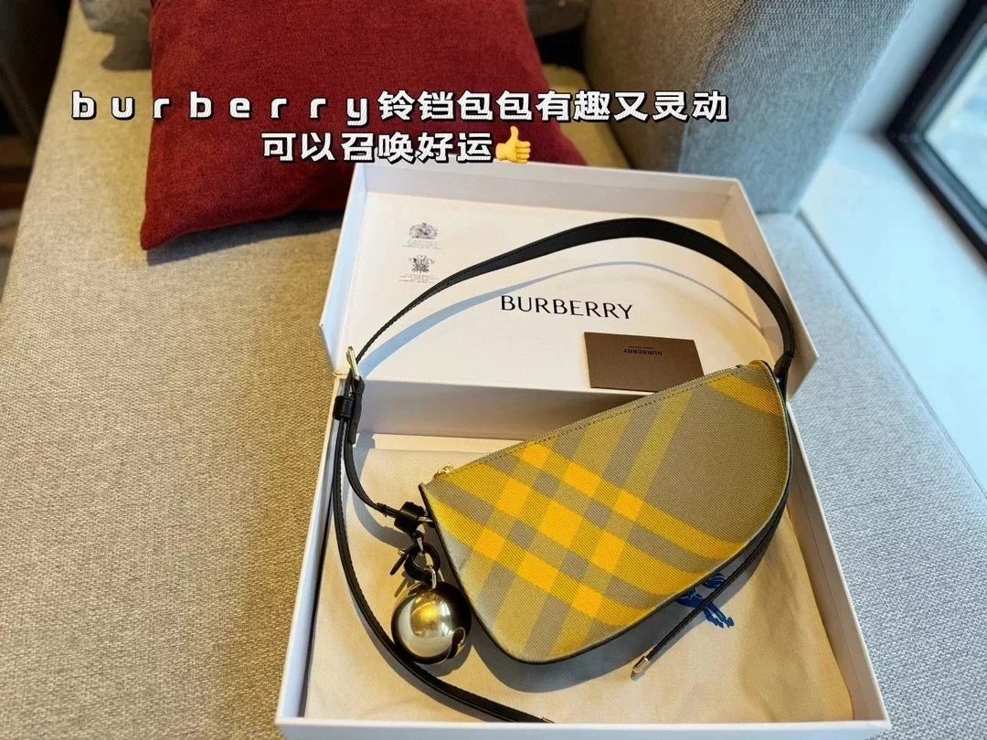 Burberry Women's Bag Top version ­y Women's Bag2024New Mini Shield Bell Bag Irregular Underarm Bag Shoulder Handbag Small Shoulder Bag Shield Shape Yellow Plaid