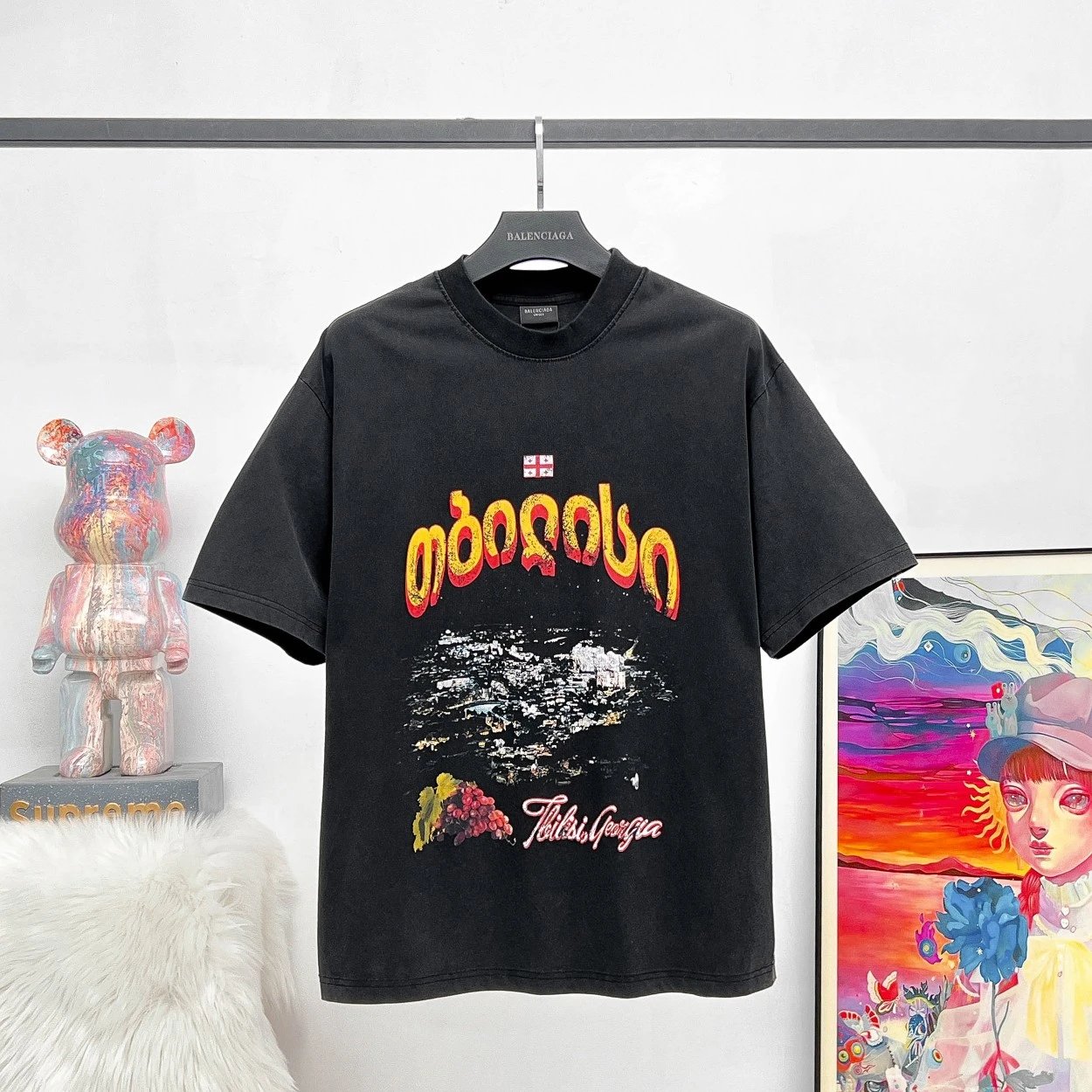 Balenciaga T-shirt Georgia City Night Scene Direct Print Washed Vintage logo round Neck Short Sleeve25ss New Pure Cotton Unisex Style T T-shirt OS Loose Fit Base Shirt Top Half Sleeve T-Shirt
