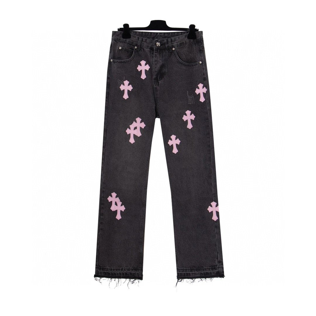 Chrome Hearts Jeans Front and back pink cross stitching leather logo25ss Spring Summer New Straight Slim Fit Jeans Unisex Loose Fit Long Pants