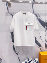 PRADA T-shirt Nylon Pocket Triangle Logo Iron Brand Letter Tape LOGO Round Neck Short Sleeve Pure Cotton Unisex T T-shirt OS Loose Fit Casual T-Shirt