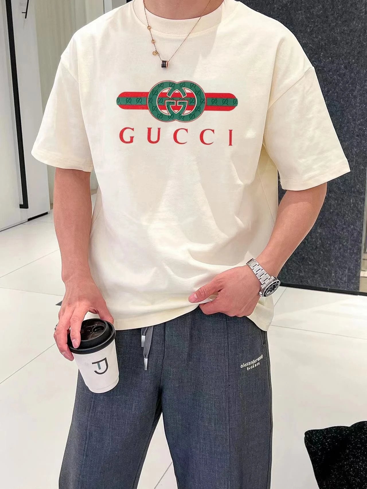 Gucci T-shirt Classic red and green G Wow Glue Thick Board logo round Neck Short Sleeve25ss New Pure Cotton Unisex Style T T-shirt OS Loose Fit Base Shirt Half Sleeve T-Shirt