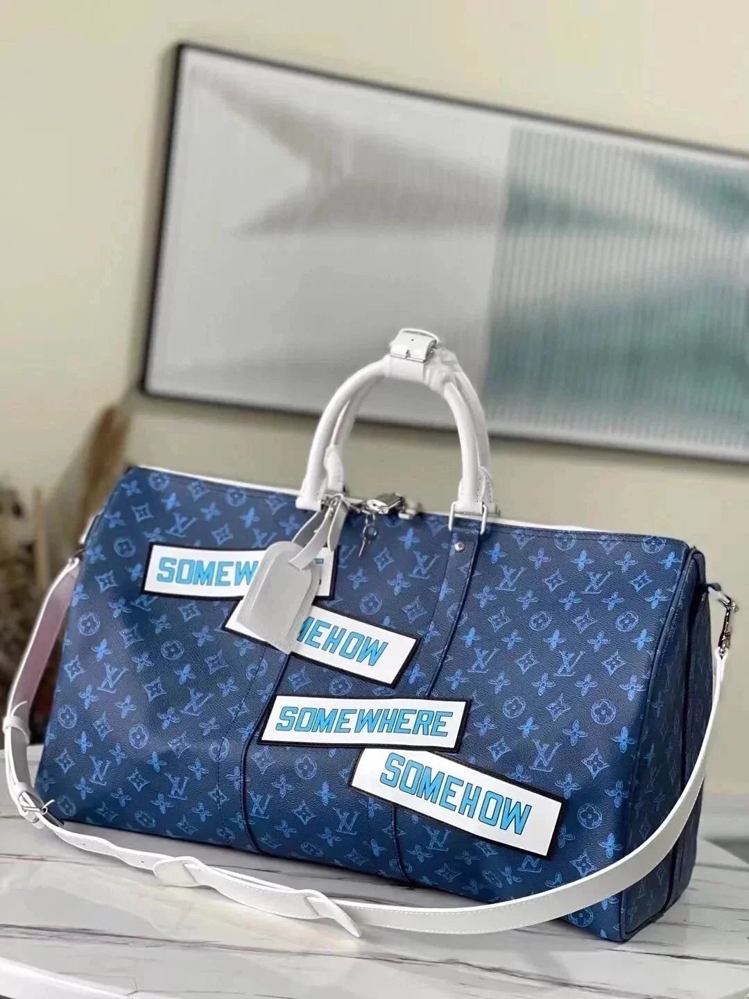 Louis Vuitton LV Travel Bag Top version 【Surrogate Shopping Level Heavy Recommend】M58979Blue Travel Bag KEEPAL50Travel Bag L Luggage Bag Business Trip Handbag