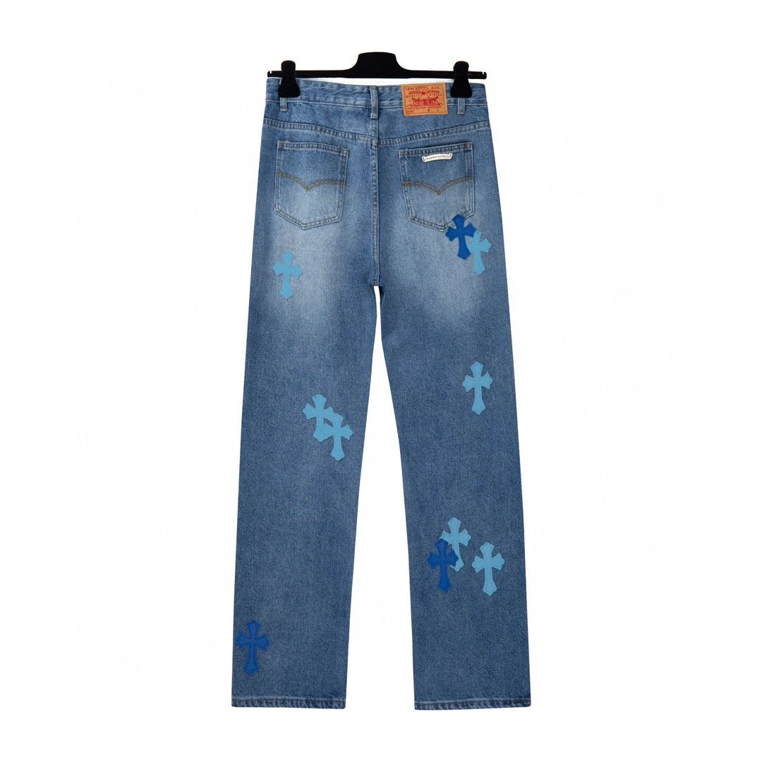 Chrome Hearts Jeans Color-Block Cross Stitch Leather logo25ss Spring Summer New Straight Loose Jeans Unisex Slim Fit Long Pants