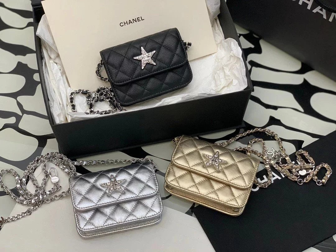 Chanel Women's Bag Top version 【**Original Leather】/24C New Style Silver XINGX Chain Bag Five-Pointed Star Small Waste Bag Coin Purse Lipstick Pack New XINGX Bag Small Bag