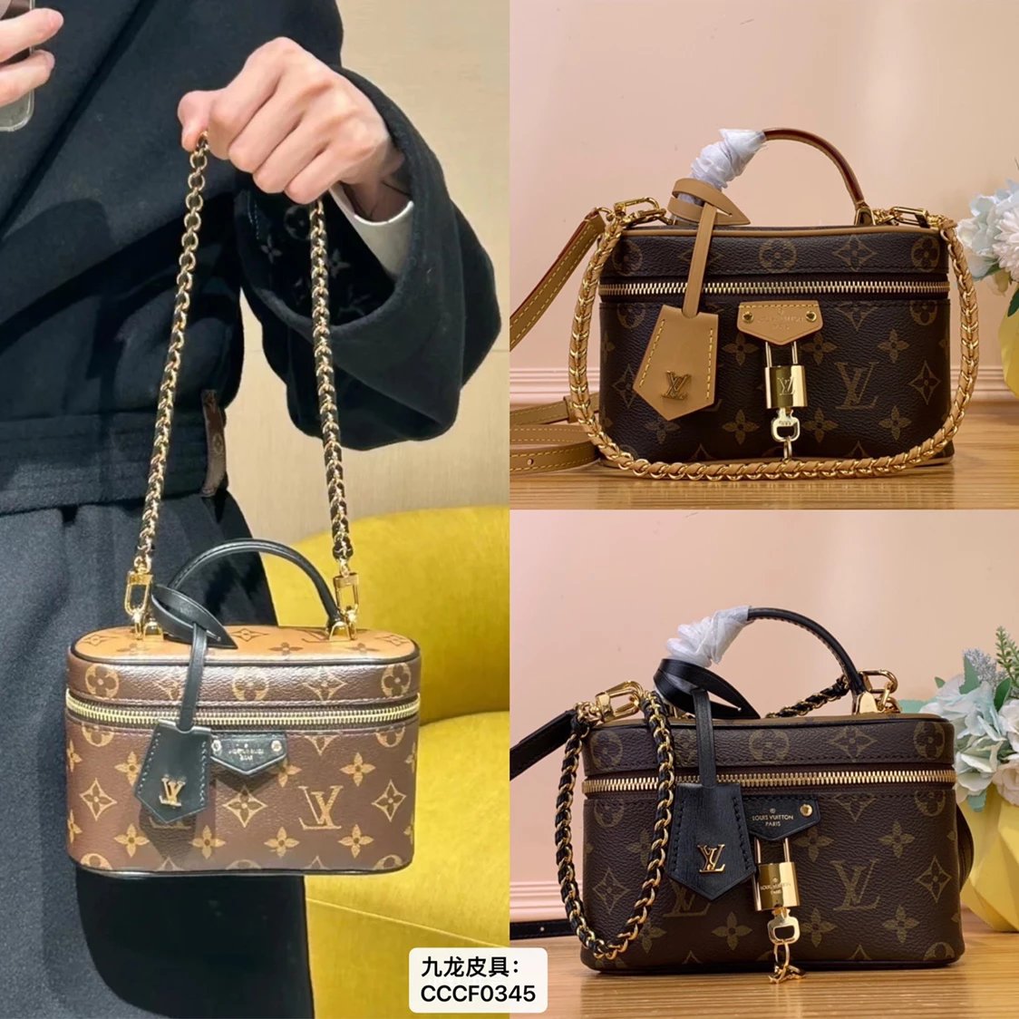 Louis Vuitton LV Women's Bag Top version 【High Quality Original Leather】24New vanitypouch Cosmetic Bag Full-Body Presbyopic Full-Printed Zipper Opening and Closing Small Waste Bag Strap Lock Head Portable Cosmetic Bag Chain Portable Box Bag Bucket Bag Sho
