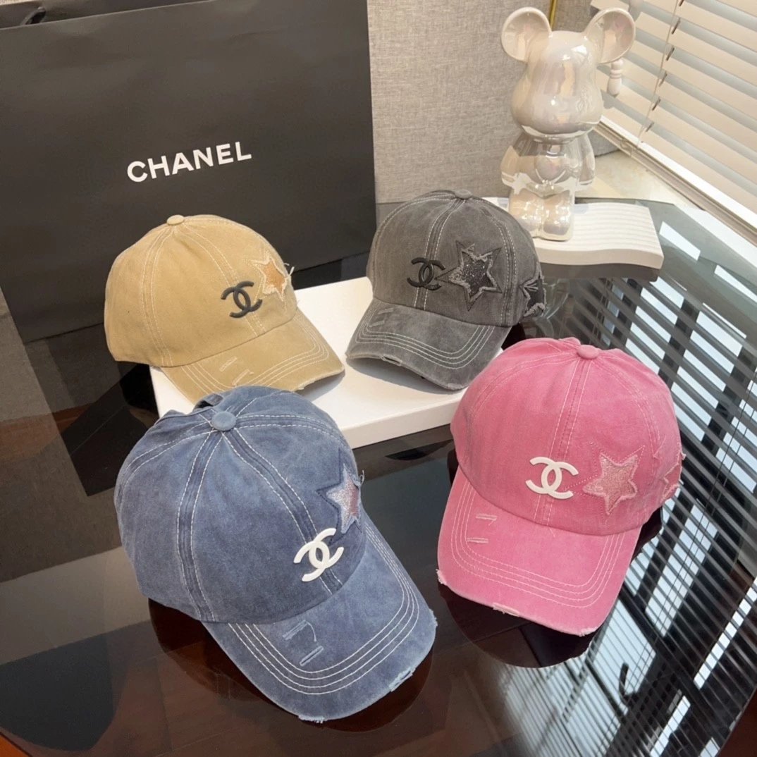 Chanel Hat Ripped Five-Pointed Star Rose Pink Baseball Hat，Ponytail Special，Women's Retro Retro Retro All-Match Face-Looking Small Wash Denim Peaked Cap