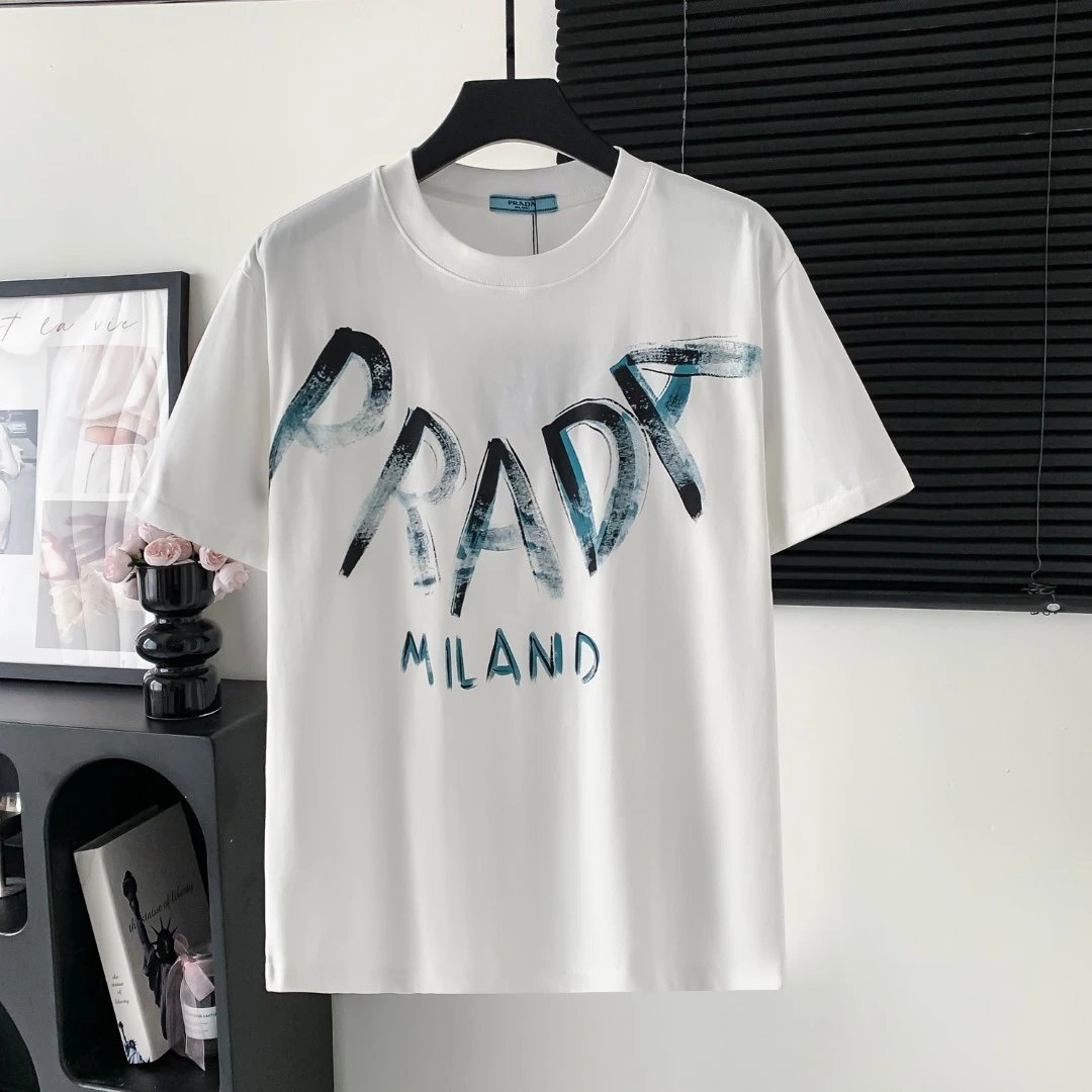 PRADA T-shirt Chest Letter Print logo round Neck Short Sleeve25ss New pure cotton T Unisex T-Shirt OS Drop Shoulder Loose Fit Base Shirt Top T-Shirt Short Sleeve