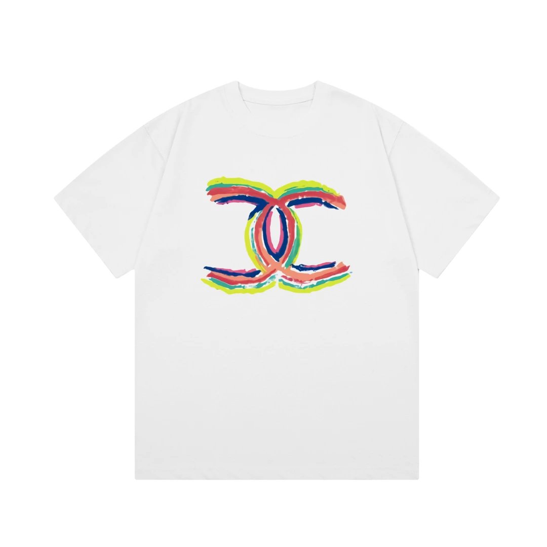 Chanel T-shirt Rainbow Letter Direct Print logo round Neck Short Sleeve25ss New Pure Cotton Unisex Style T T-shirt OS Loose Fit Base Shirt Top Half Sleeve T-Shirt